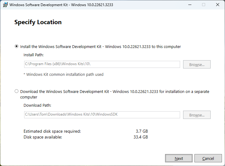 Launching the Windows SDK installer