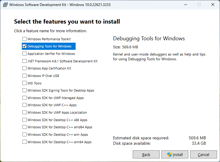 Select to leave only Debugging Tools for Windows