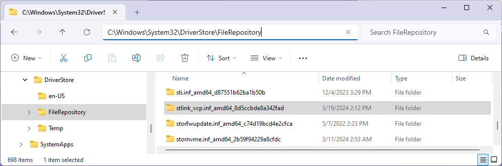 Example contents of the FileRepository folder in the driver store