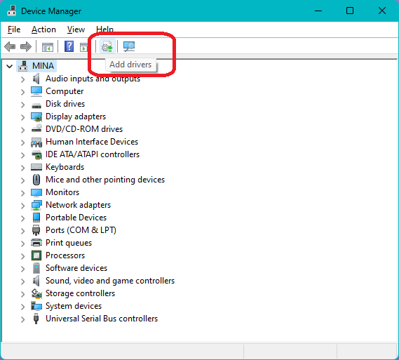 Click the Device Manager Add Drivers icon