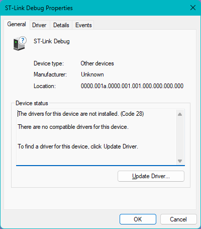 This ST-Link Debug device driver is not installed