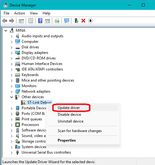 Right-click his ST-Link Debug with no driver installed and select Update Driver