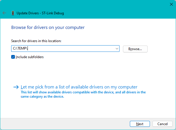 Update Driver Dialog, Select from a list of available drivers on your computer