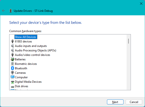 Update Driver Dialog Select from a list of available drivers on your computer