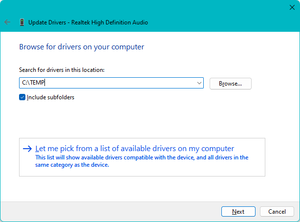 Browse for drivers on your computer