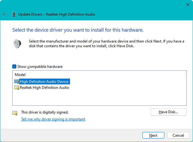 Select the device driver you want to install for this hardware