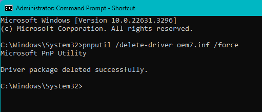 Command prompt PnPUtil execution example